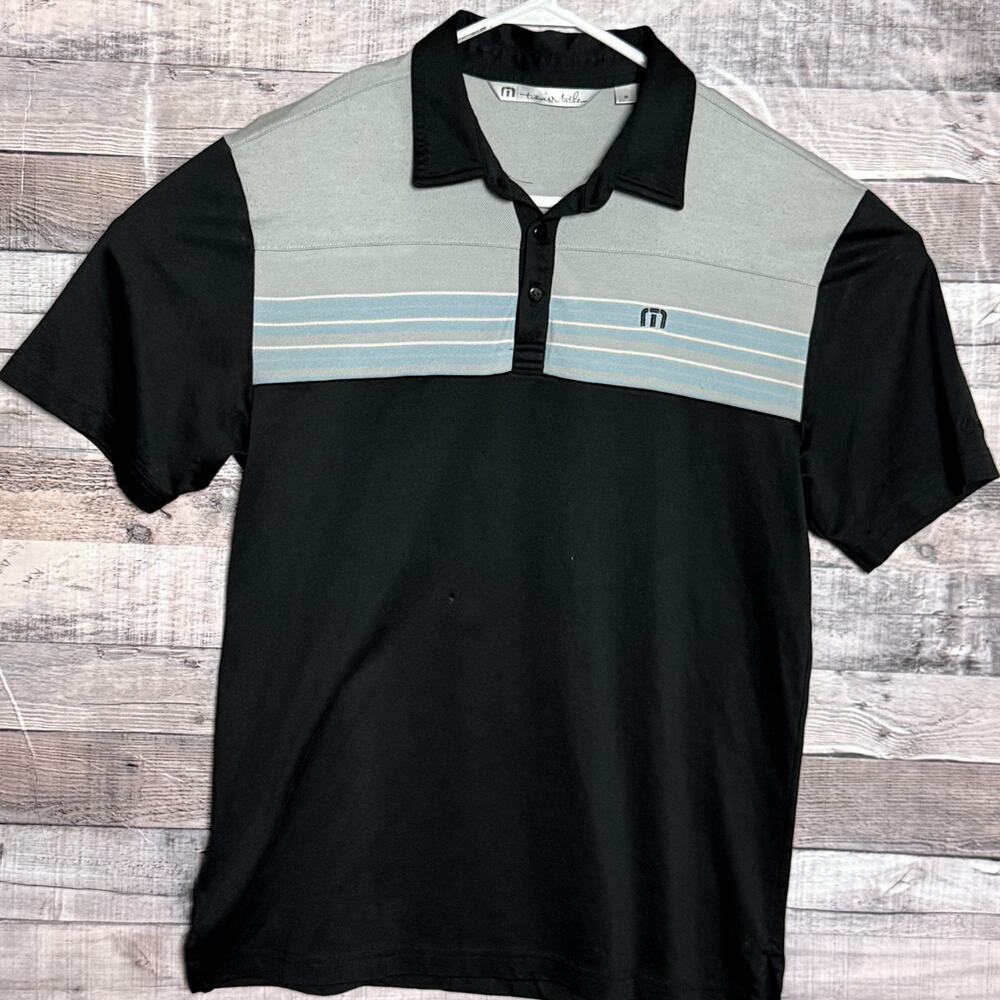 Travis Mathew Lexus Coastal Striped Polo Shirt Mens Medium Black Gray Panel Golf